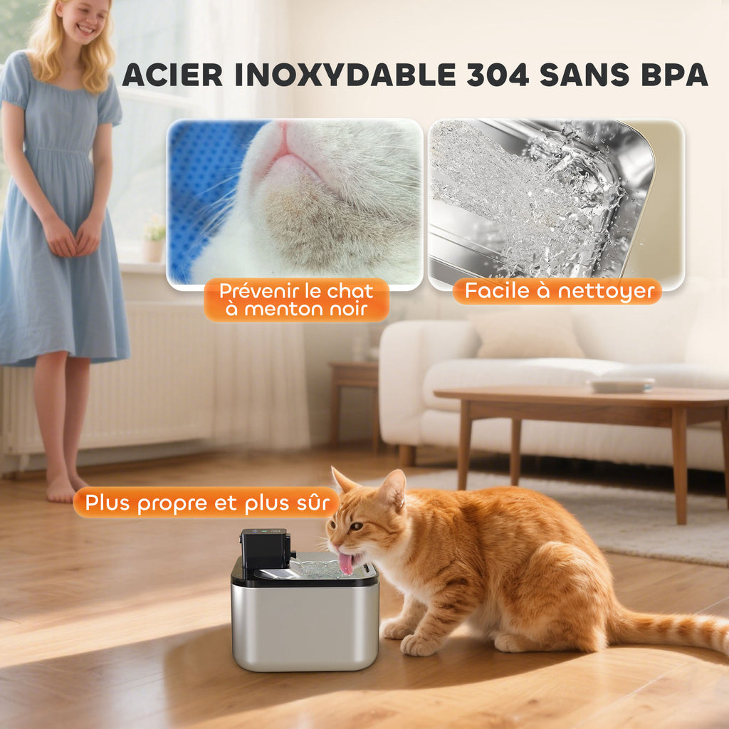 PawHut Automatischer Edelstahl-Katzenbrunnen 4,2L, leise, Katzenwasserspender 3 Filter und USB-Ladegerät, silber