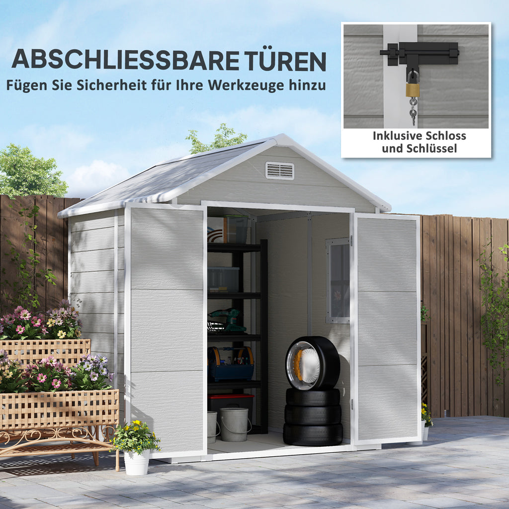 Outsunny Gartenschuppen, Geräteschuppen mit Boden, verschließbare Türen, Lüftungsöffnungen, Fenster, Holzoptik, Kunststoff, Grau