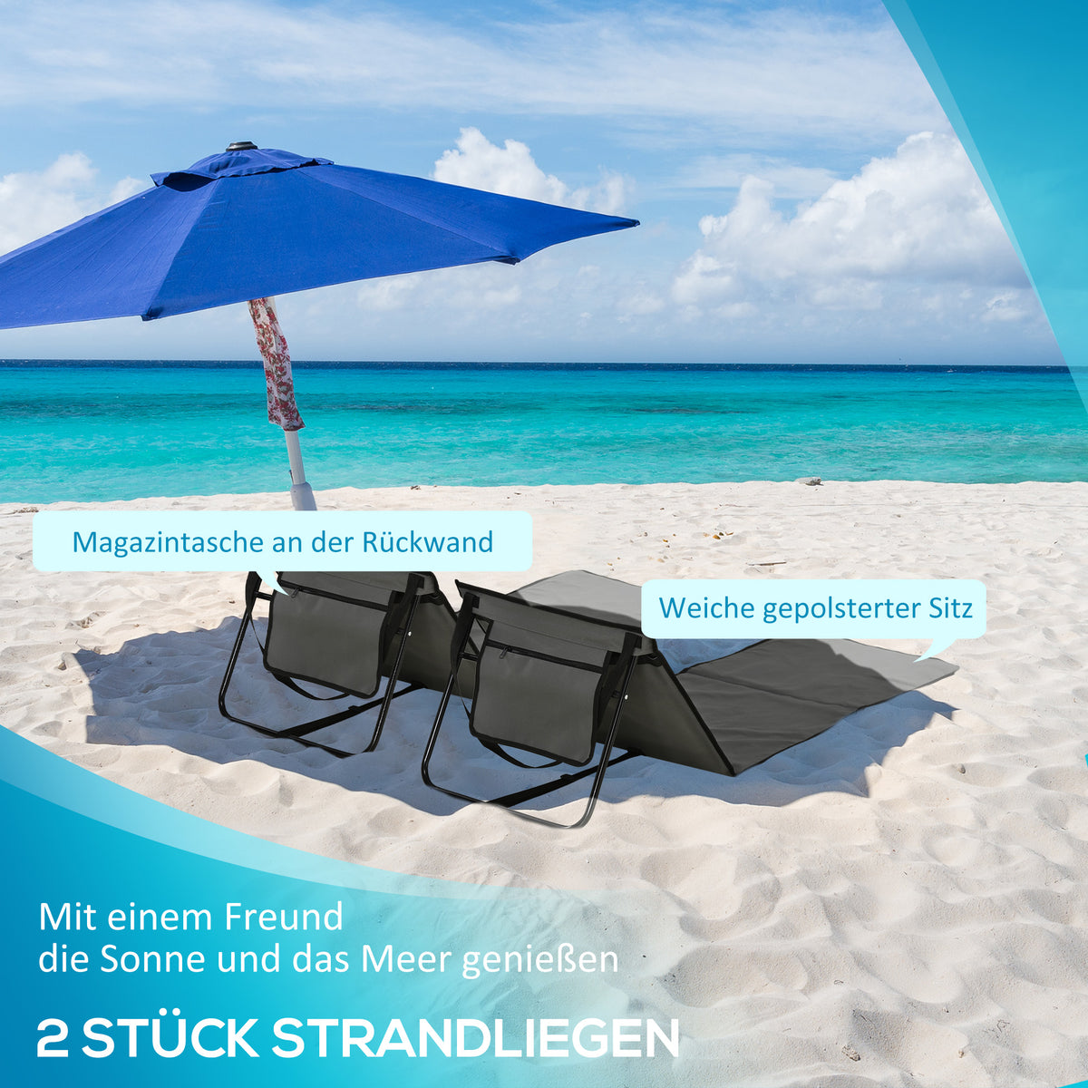 Outsunny Strandliege, klappbar, verstellbare Rücklehne, Seitentasche, weiche Polsterung, Stahlrahmen, Grau, 142x51x40cm