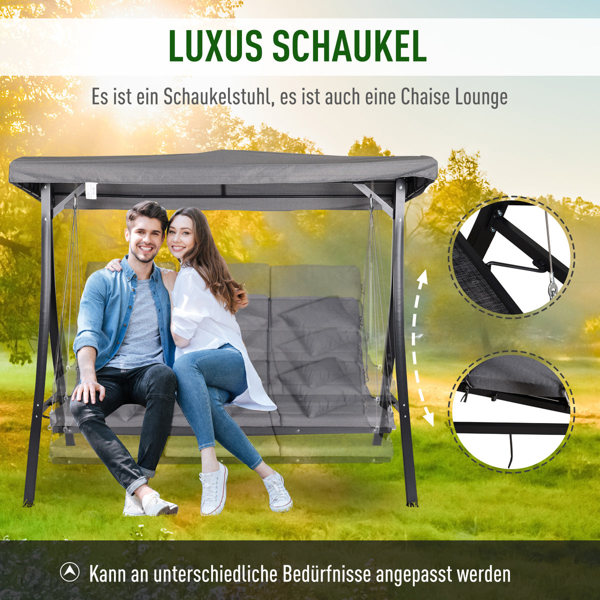 Outsunny Hollywoodschaukel 3-Sitzer-Hollywoodschaukel, inkl. Kissen, wetterbeständig, 200 cm x 115 cm x 168 cm, Grau