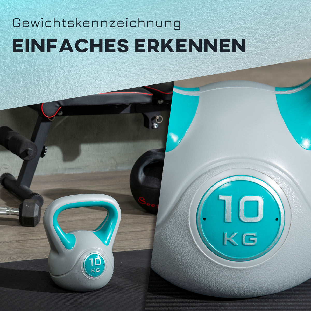 SPORTNOW Kugelhantel, Kettlebell, 10 kg, flache Unterseite, großer Griff, Kunstledermantel, blau, 22 x 16 x 26 cm