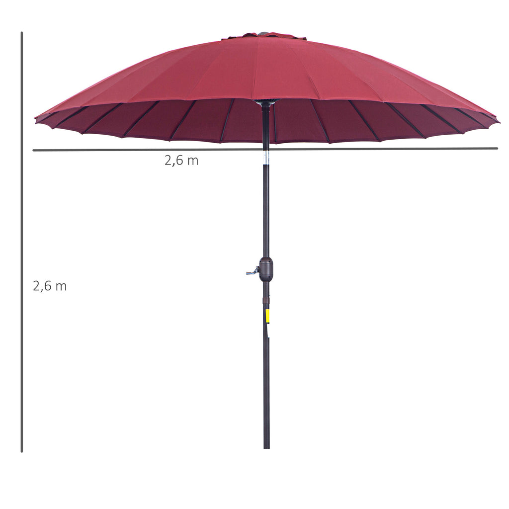 Outsunny Garten Sonnenschirm Neigbarer Sonnenschirm rund mit 24 Fiberglasstreben Kurbel Aluminium Glasfaser Polyester Durchmesser 2,60 m Farbe Rot
