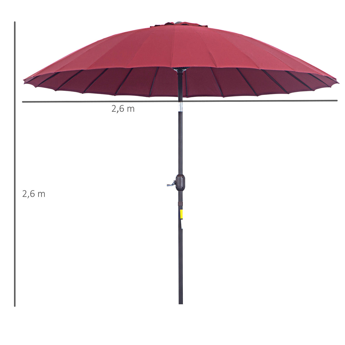 Outsunny Garten Sonnenschirm Neigbarer Sonnenschirm rund mit 24 Fiberglasstreben Kurbel Aluminium Glasfaser Polyester Durchmesser 2,60 m Farbe Rot