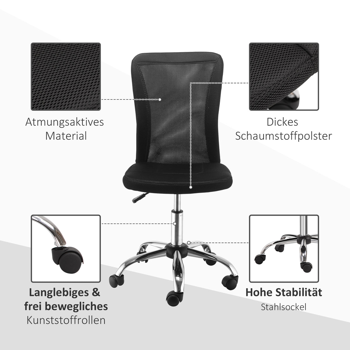 Vinsetto Bürostuhl Schreibtischstuhl, höhenverstellbar, Mesh, 43 cm x 58 cm x 100 cm, Schwarz