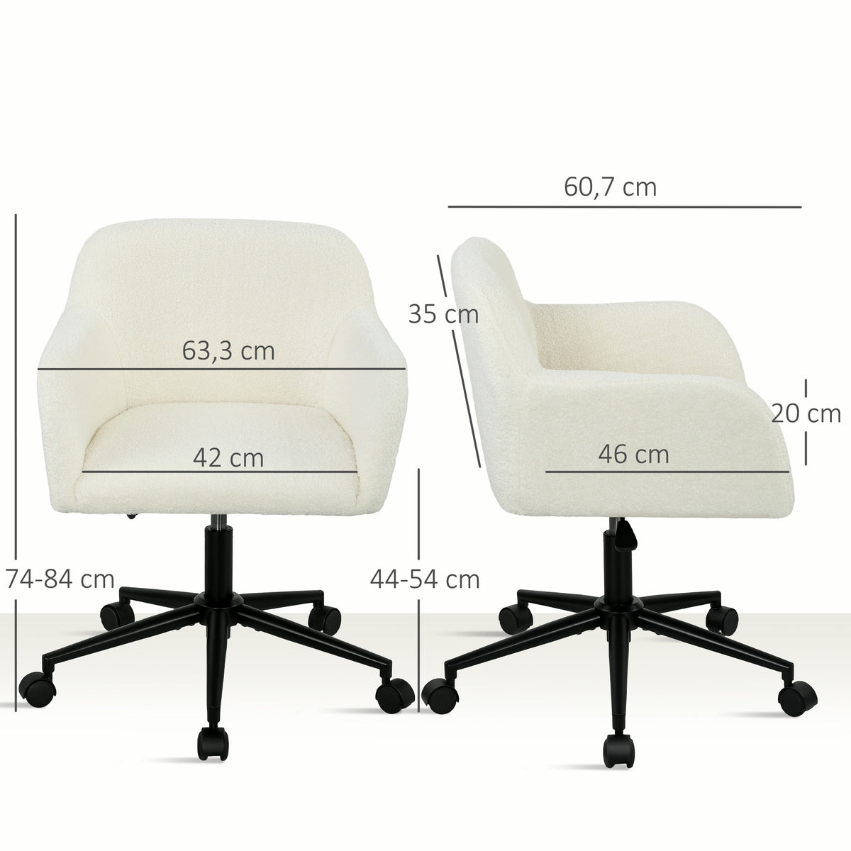 HOMCOM Drehbarer Bürostuhl mit Rollen, Schreibtischstuhl, Fleece-Stoff, Schaumstoff, höhenverstellbar, Homeoffice, Cremeweiß