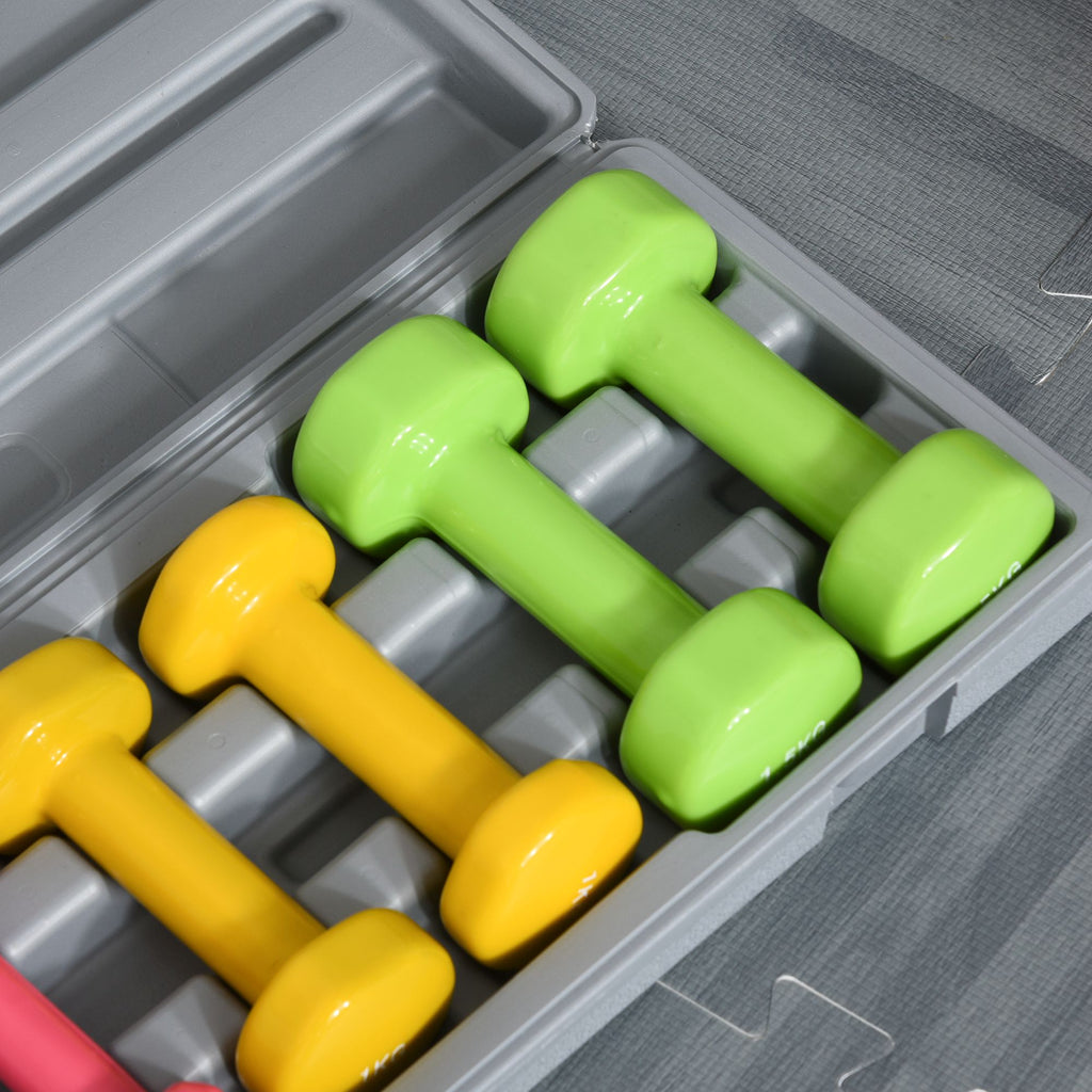 HOMCOM Kurzhantel Set mit Koffer Tragbar 2 x 0,5 kg, 2 x 1 kg, 2 x 1,5 kg Hantelset  6er Set Stahl Bunt