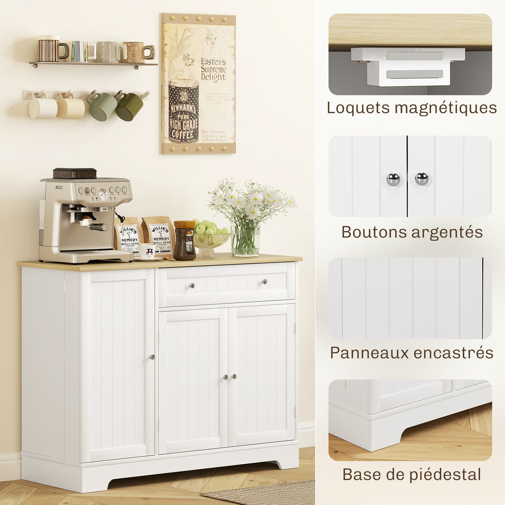 HOMCOM Buffet Küche, Aufbewahrungsmöbel mit 3 Türen, Schublade, Türregale und verstellbarem Regal, 105x40x83cm, weiß
