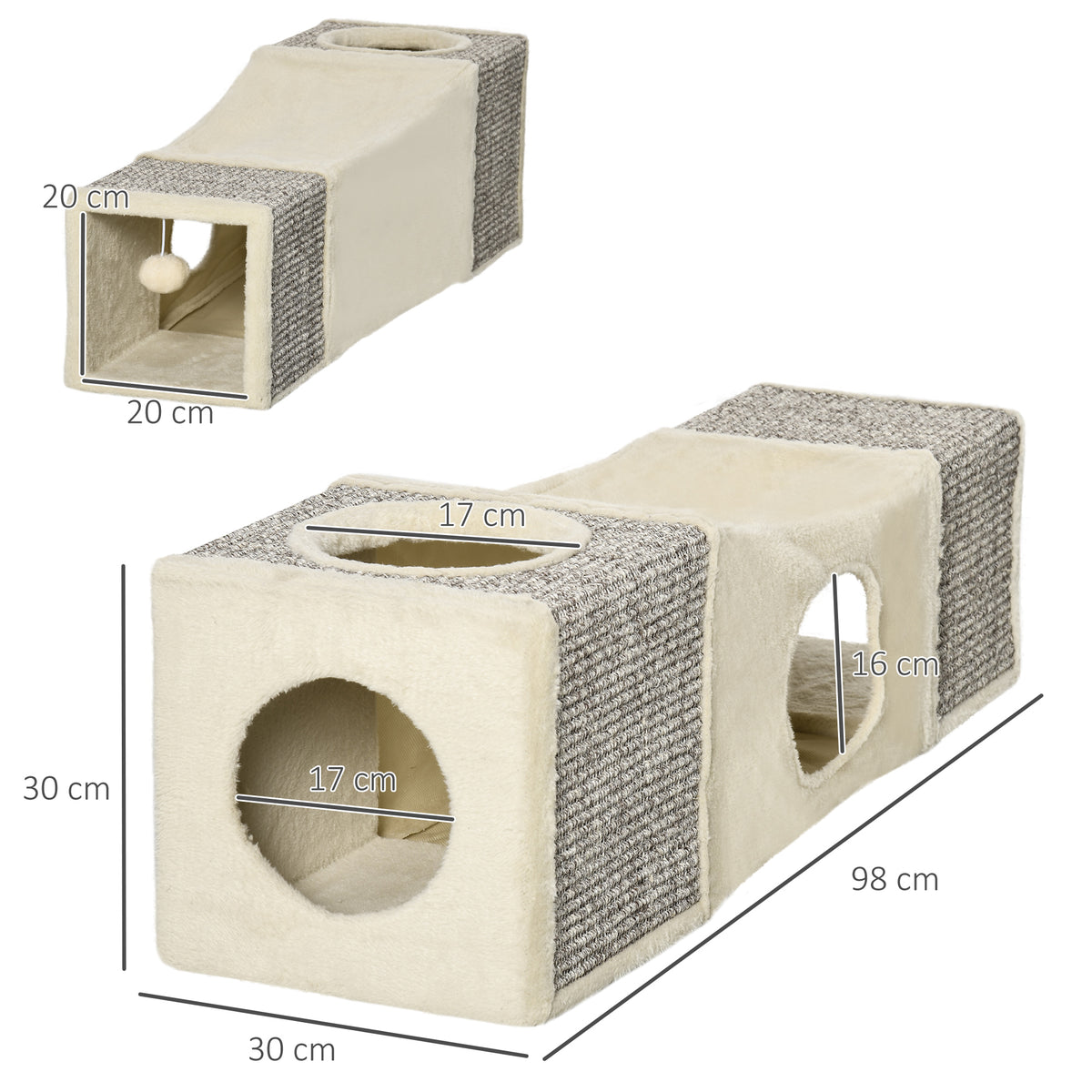 PawHut Katzentunnel, 2 Katzenhöhlen, Kratzflächen und Ballspielzeug, 98 cm x 30 cm x 30 cm, Braun + Beige