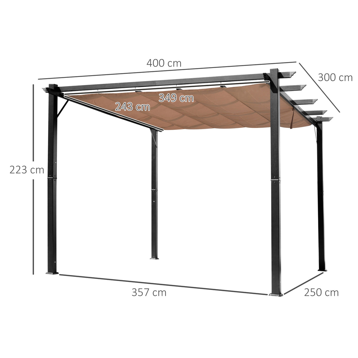 Outsunny Pergola Pavillon mit einstellbarem Stoffdach 3 x 4 m Terrassen-Vordach Aluminium Sonnenschutz Überdachung Terrasse Garten Grau+Braun