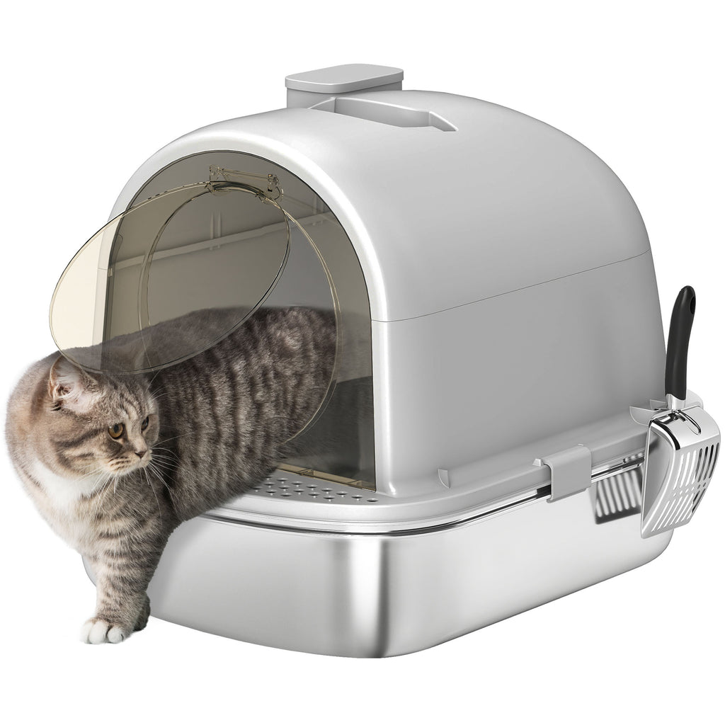 PawHut Katzenklo aus Edelstahl mit Abdeckung, Desodorierungstasche und leicht zu reinigender Schaufel, 52,4x41,3x39,9 cm Grau