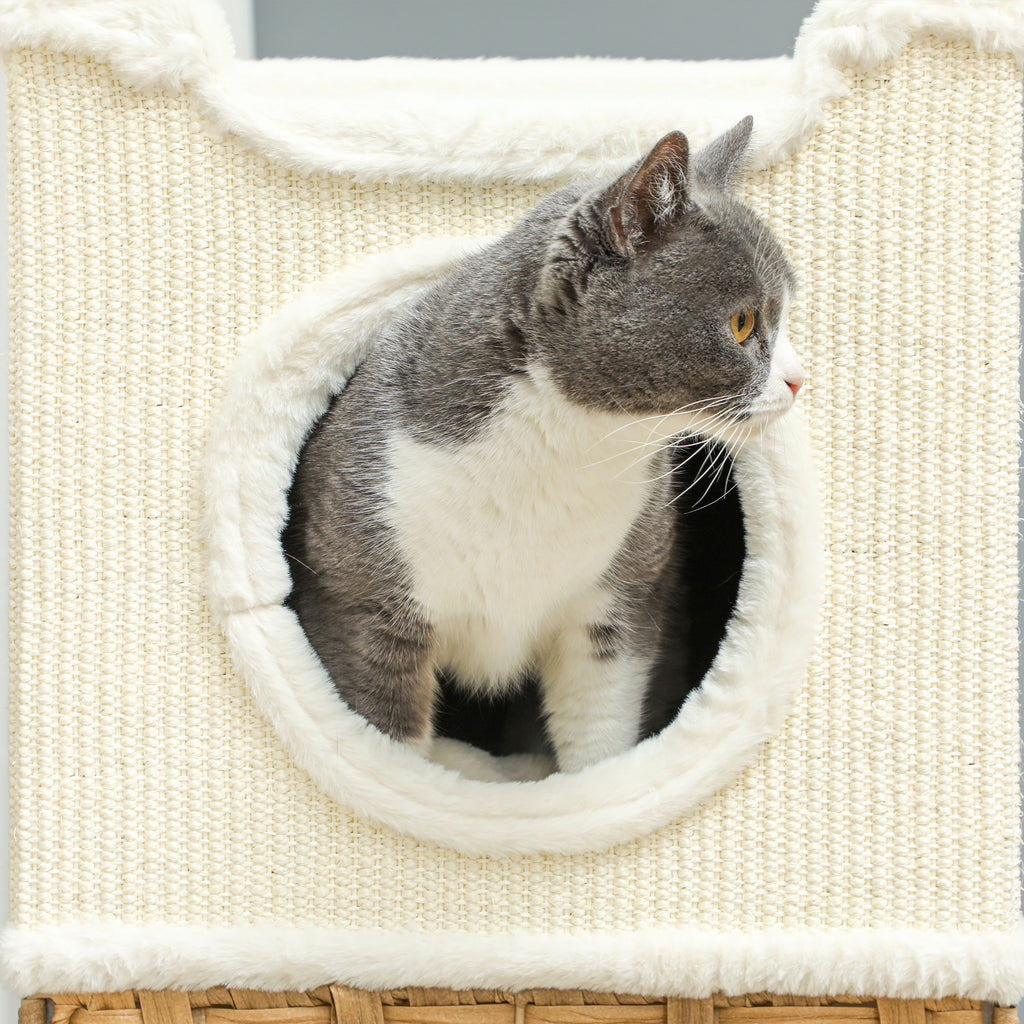 PawHut Innenturm für Katzen mit 3 Ebenen, Katzenturm mit Sisal-Kratzpfosten, 41 x 41 x 75,5 cm, Creme