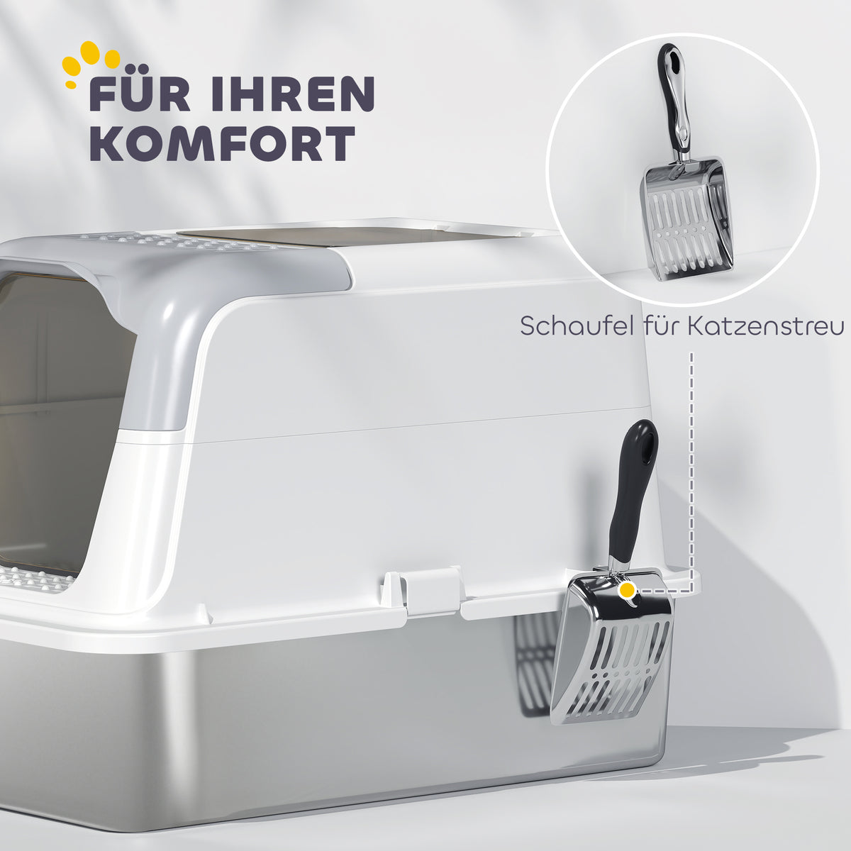 PawHut Katzenklo, Katzentoilette mit Deckel, Streuschaufel, vorne Eingang und ober Ausgang Edelstahl bis 15 kg