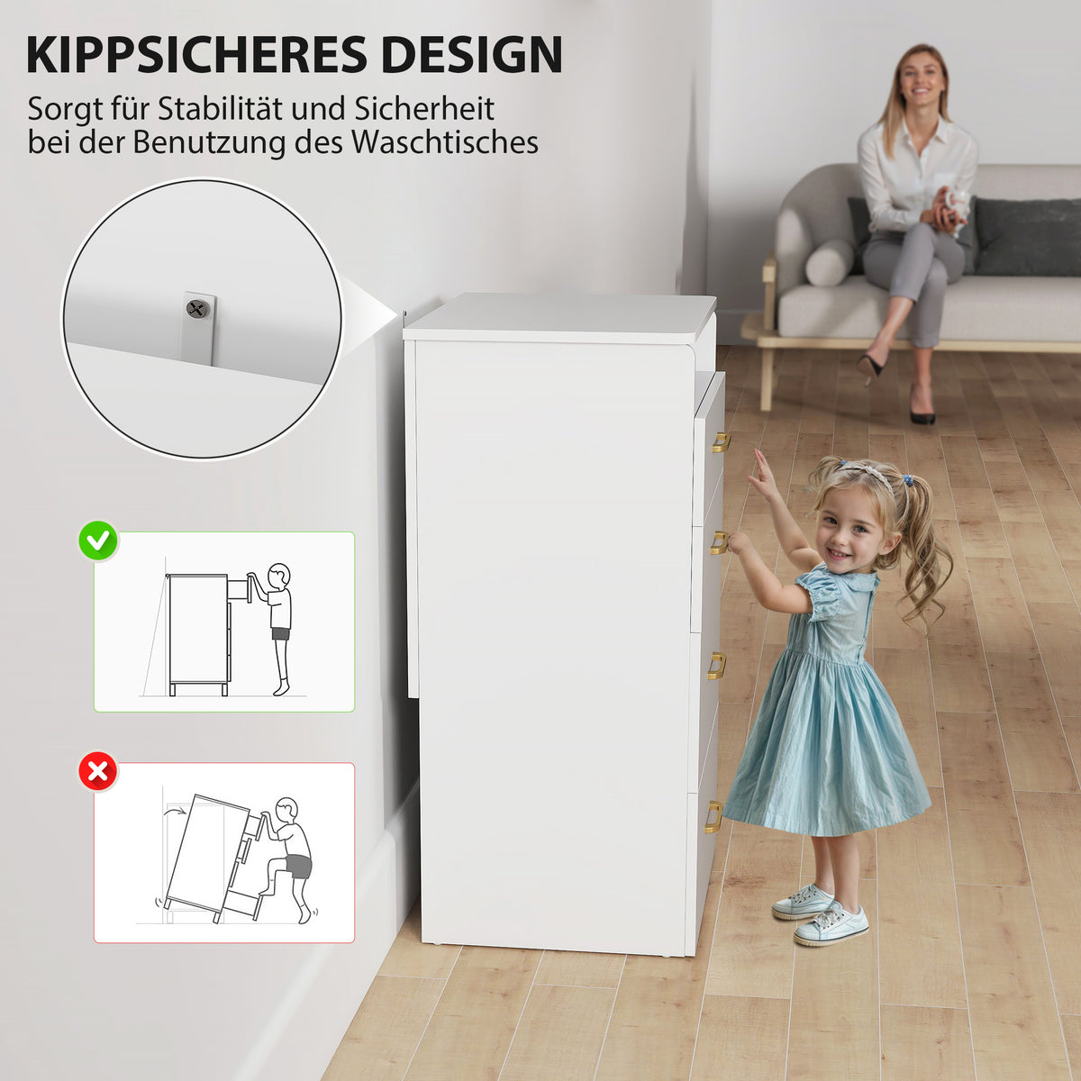 HOMCOM 3-in-1-Schminktisch mit Spiegel, Nachttisch, Rollhocker, Schubladen, Weiß