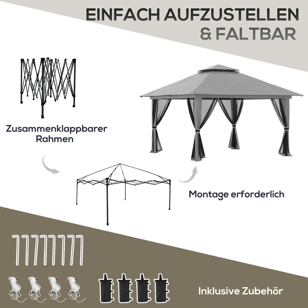 Outsunny Faltpavillon, höhenverstellbar, 4 Netzwände, Lüftungsdach, Tragetasche, Schnellaufbau, dunkelgrau, 4 x 4 x 3 m