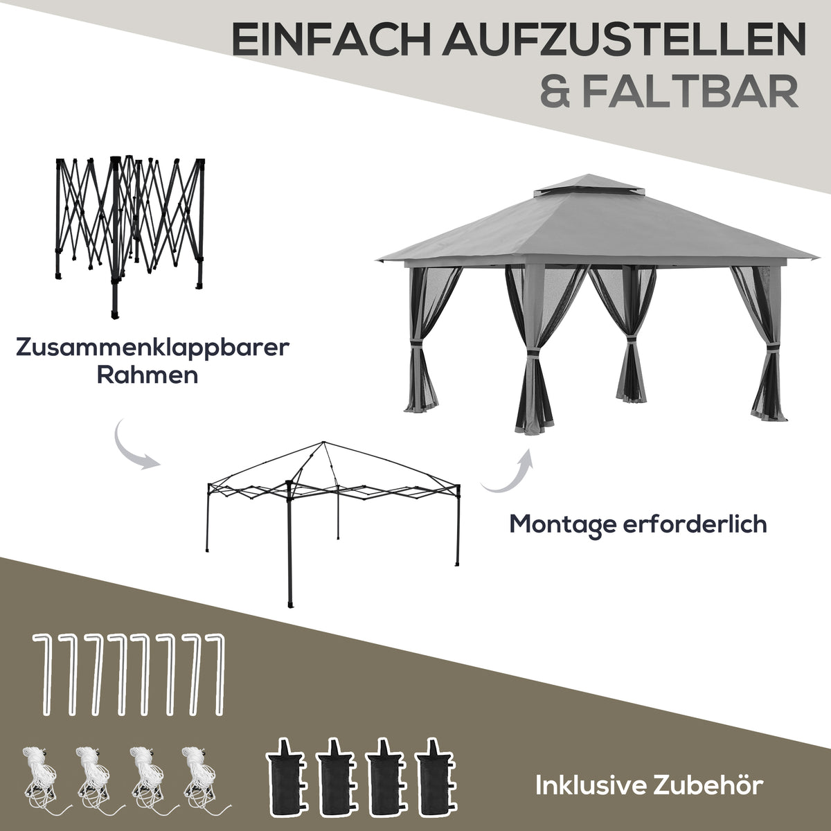 Outsunny Faltpavillon, höhenverstellbar, 4 Netzwände, Lüftungsdach, Tragetasche, Schnellaufbau, dunkelgrau, 4 x 4 x 3 m