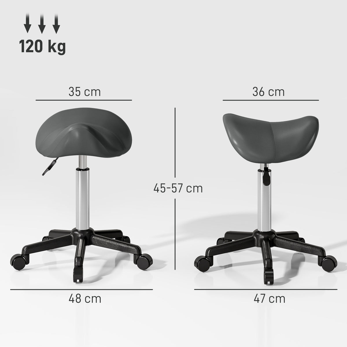 HOMCOM Rollhocker, Arbeitsstuhl mit Höhenverstellung 45-57 cm und ergonomischem Sattel, 48x47x45-57cm, Grau