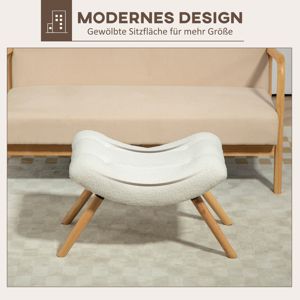 HOMCOM Moderner Fußhocker mit Fleece-Bezug und Holzbeinen, gepolstert, für Wohnzimmer, Schlafzimmer, Flur, Cremeweiß