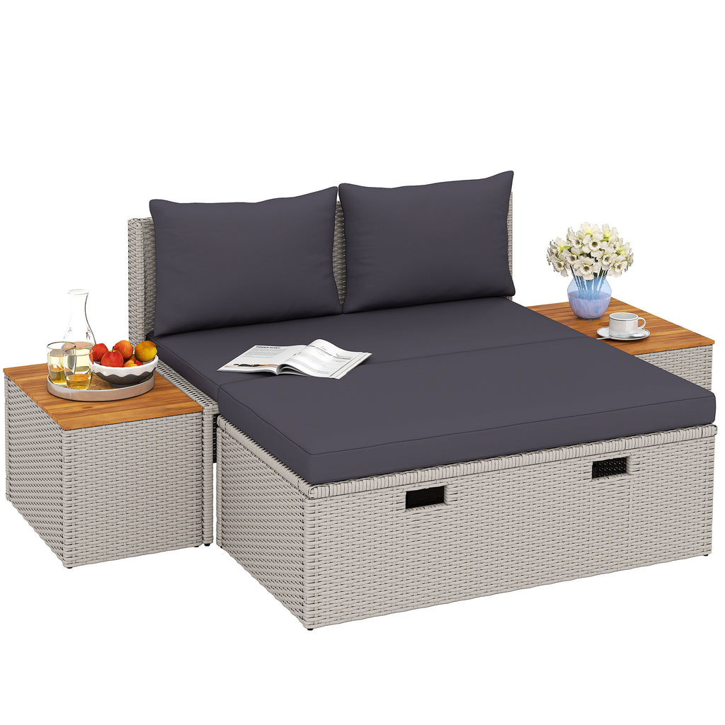 Outsunny Polyrattan Sonnenliege für 2 Personen Doppelliege mit Fußhocker Stauraum Auflagen 125x114x72,5 cm Grau