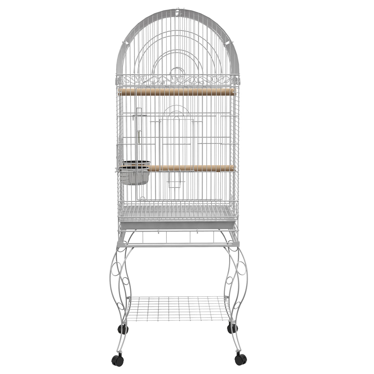 PawHut Vogelkäfig auf Rollen mit Regal herausnehmbarem Tablett 2 Näpfen Sitzstange Edelstahl 51 x 51 x 153 cm weiß