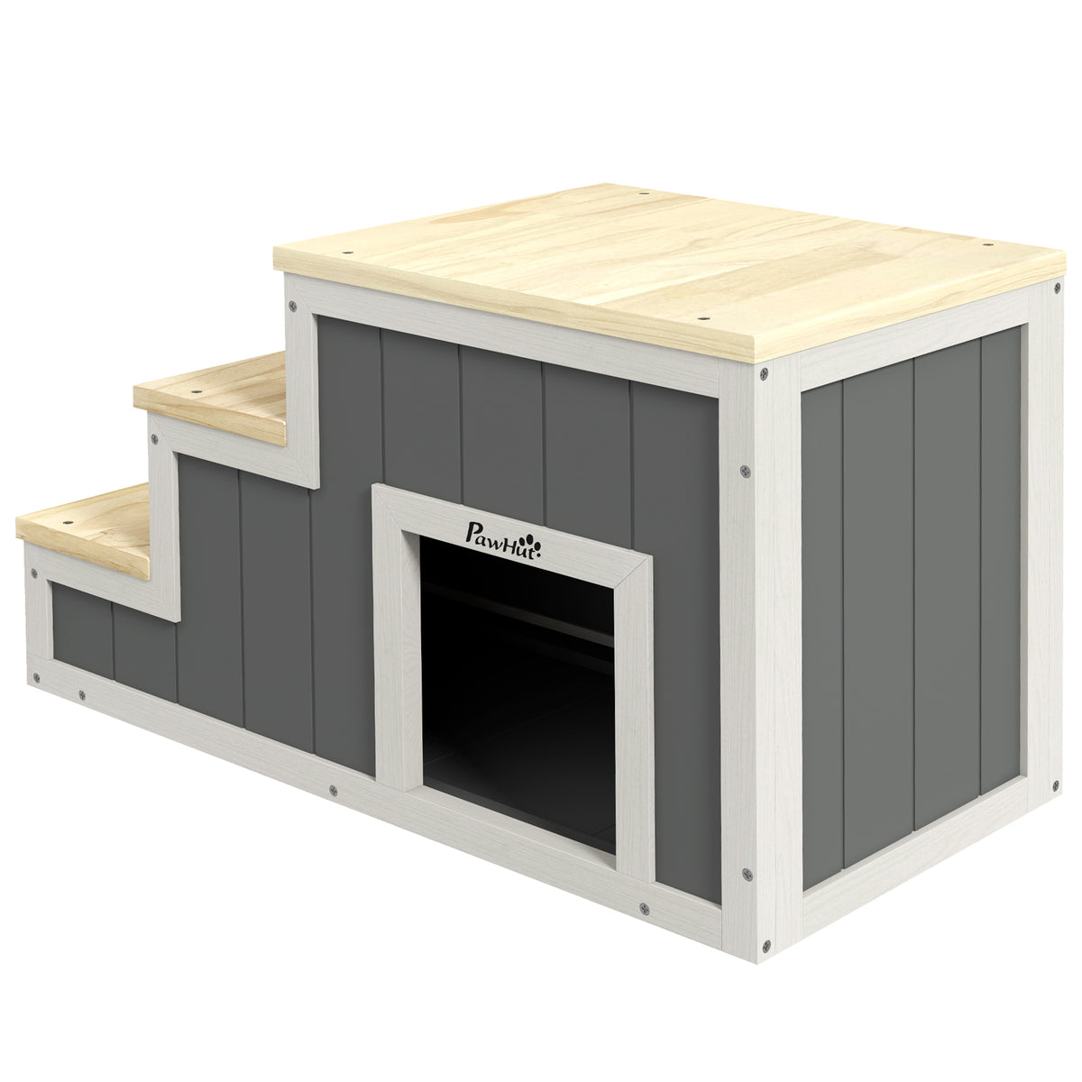PawHut Haustiertreppe Hundetreppe, 3 Stufen, Kiefernholz, 79 cm x 38,5 cm x 45 cm, Natur + Weiß