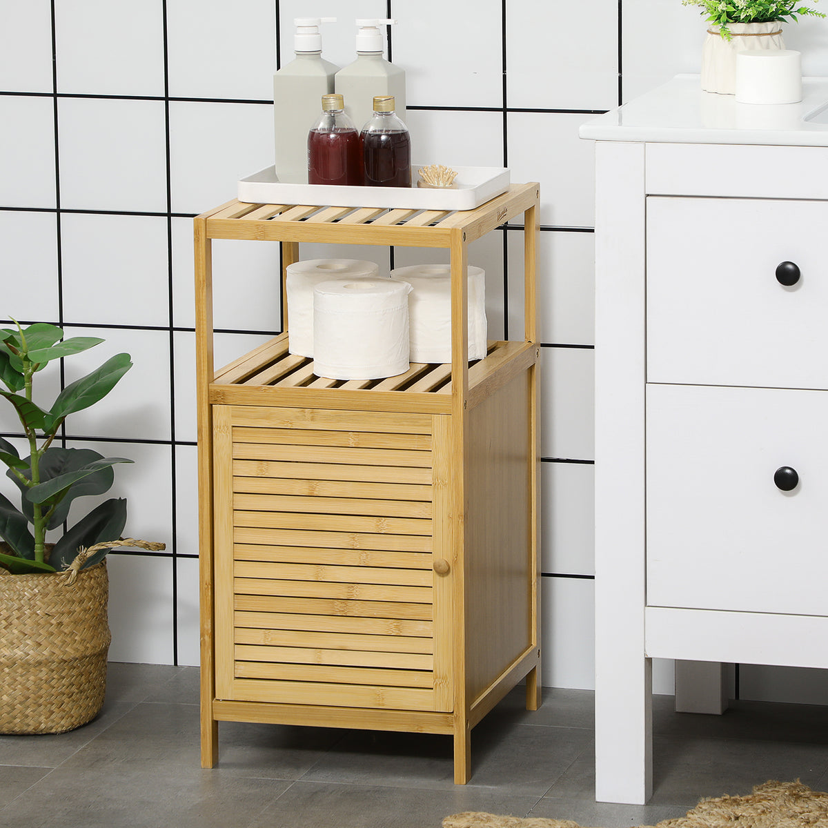 kleankin Badezimmerschrank Badregal, Bambus, 1Ablage, 1 Schrank, 33 cm x36.5 cm x67 cm, Natur