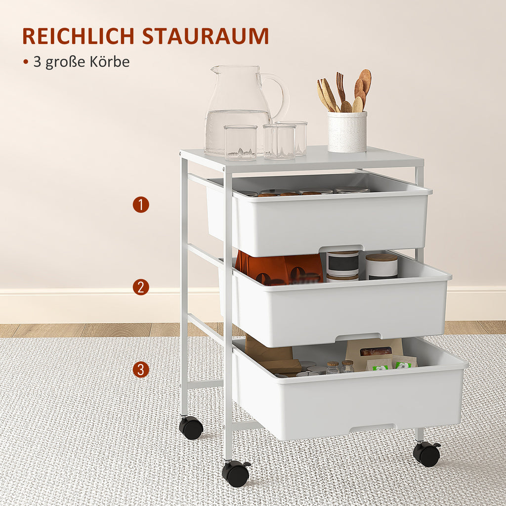 HOMCOM Beistellwagen mit Rädern, 3 Körbe für Transport und Aufbewahrung, Küchenwagen, 40,8L x 33,5B x 60,5H cm, Weiß