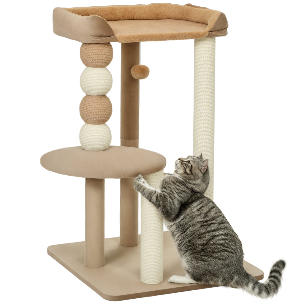 PawHut Kratzbaum mit 2 Etagen, Spielball, Kratzstämmen, Kratzkugeln, bis 7 kg, 56 x 54 x 86 cm, Braun