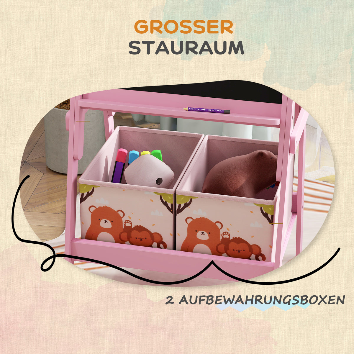 AIYAPLAY 2-in-1 Kindermalstaffelei mit Whiteboard, Kreidetafel, Aufbewahrungsboxen, für Kinder im Alter von 3-8 Jahren, Rosa