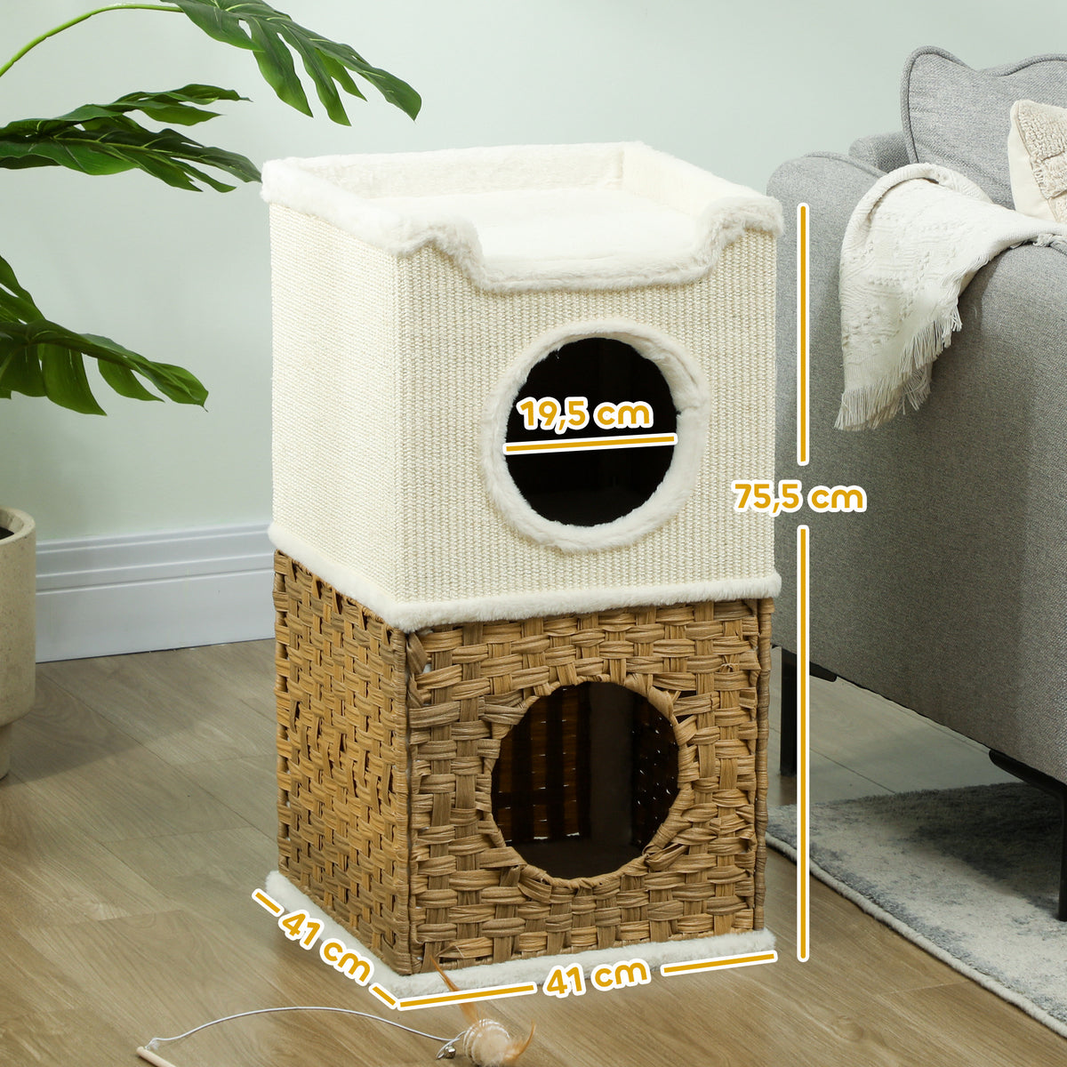 PawHut Innenturm für Katzen mit 3 Ebenen, Katzenturm mit Sisal-Kratzpfosten, 41 x 41 x 75,5 cm, Creme