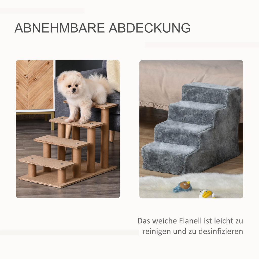PawHut Hundetreppe 4-stufig, 35 cm Katzentreppe für Bett und Sofa, Haustiertreppe für Hunde und Katzen bis 5 kg, Plüschoptik, Hellgrau