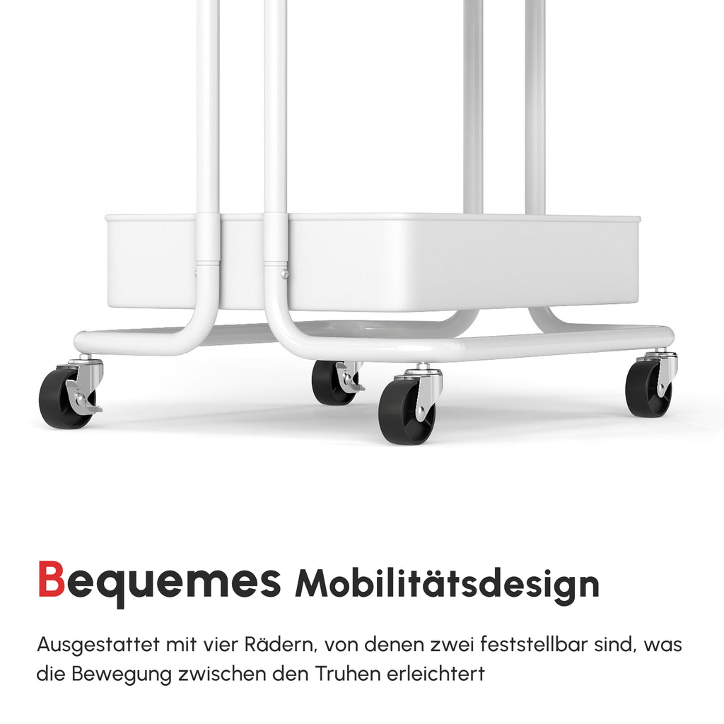 HOMCOM Rollwagen, Servierwagen, 3 Ablagekörbe, 3 Hängeboxen, 4 Haken, Metallrahmen, 42 x 38 x 86,5cm, Weiß