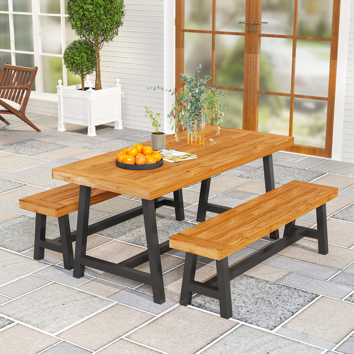 Outsunny Sitzgruppe 3-teilig Holz Essgruppe für 4 Personen Esstisch mit 2 Bänke Teak
