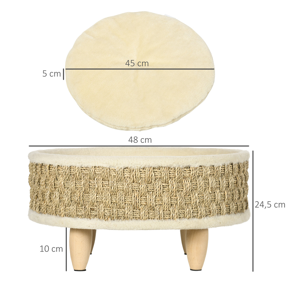PawHut Haustierbett für Katzen und Hunde, Seegras, waschbares Kissen, 48 cm x 48 cm x 24,5 cm, Beige + Khaki - Natur