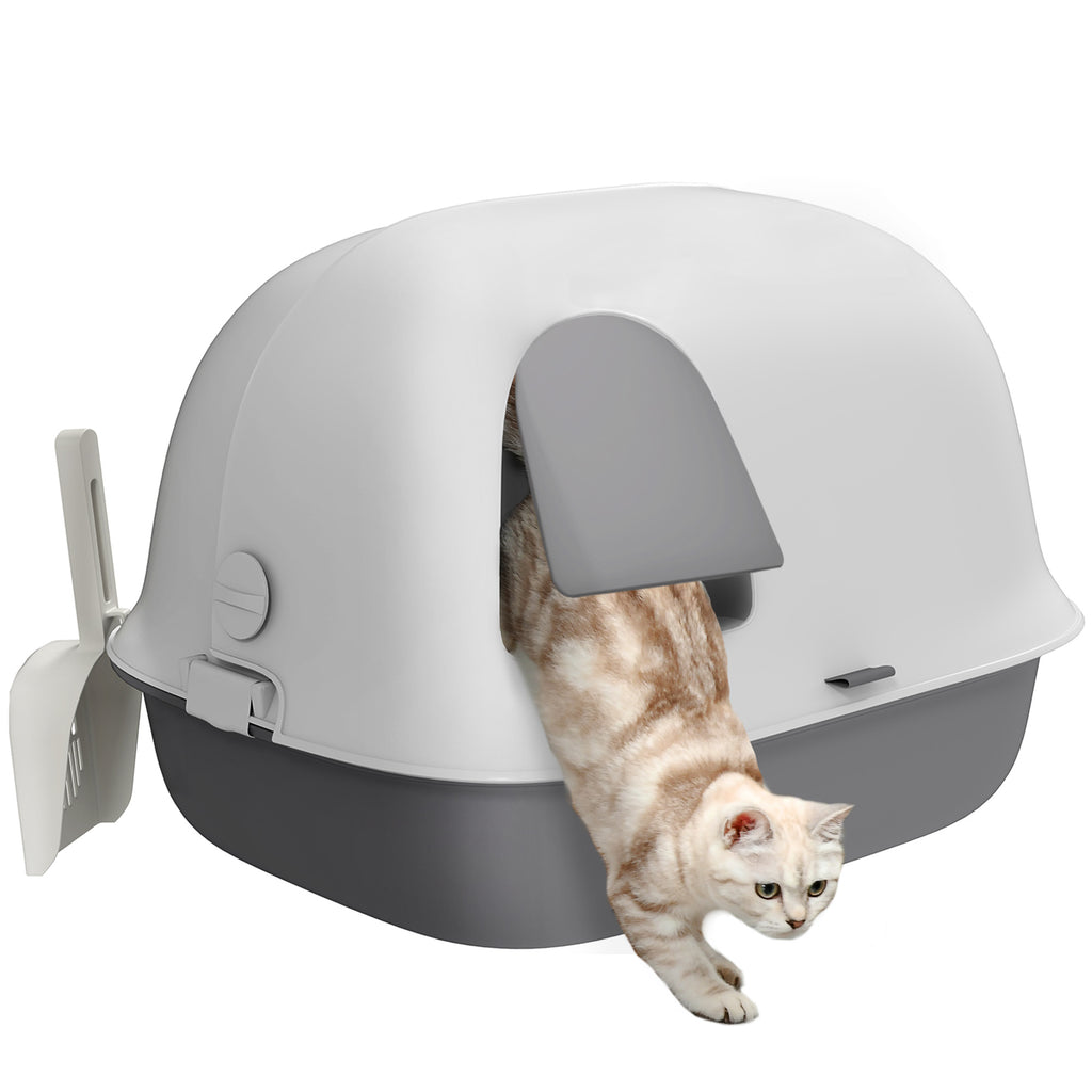 PawHut Katzentoilette mit Deckel, Katzenklo mit internem Kanal, Tür, Schaufel, leicht zu reinigen, Kunststoff, Hellgrau