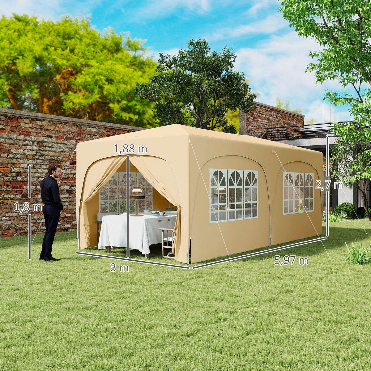 Outsunny 3 x 6 m Pop-up Pavillon mit Seitenwänden, UPF50+ höhenverstellbares Gartenzelt mit Tragetasche und Sandsäcken