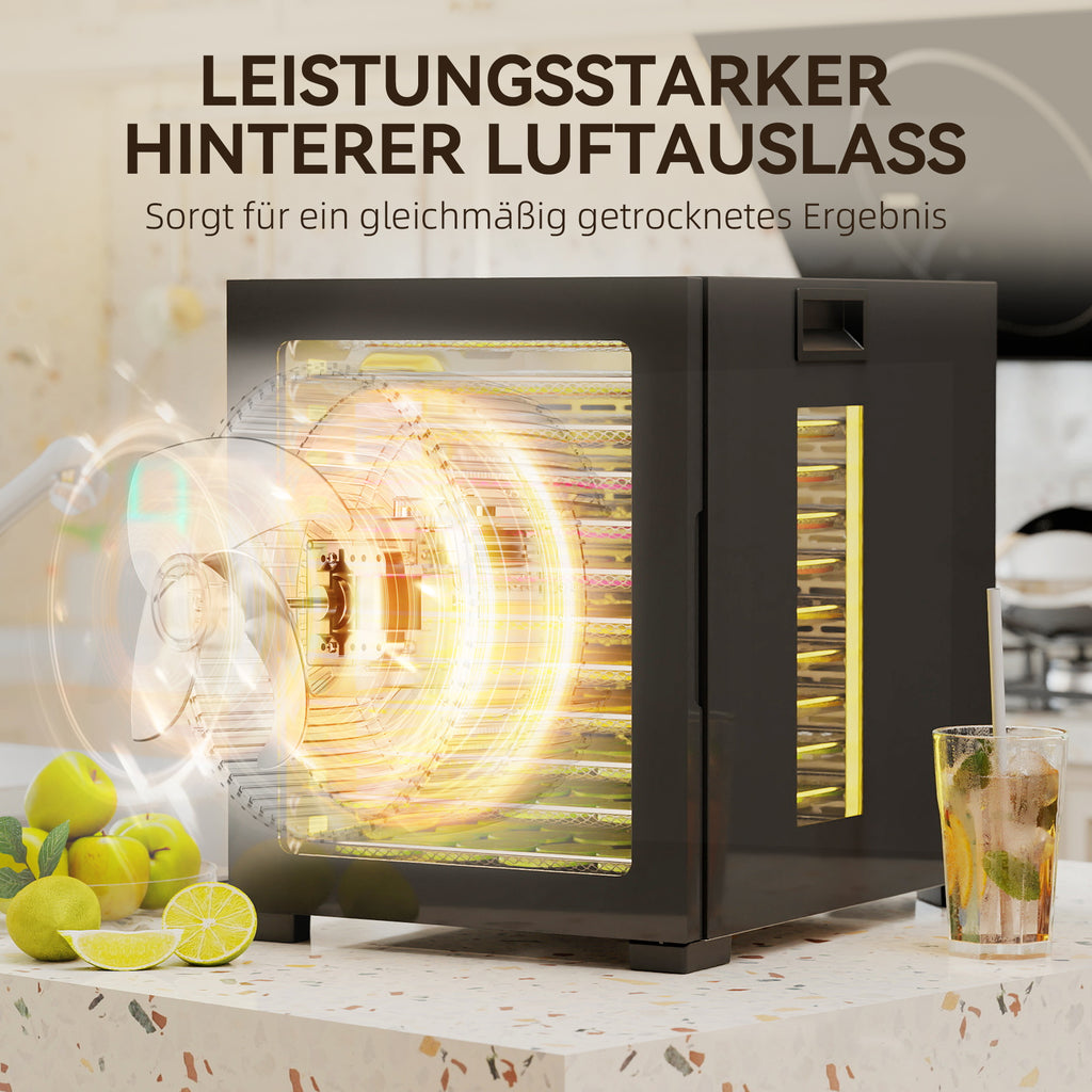 HOMCOM Dörrautomat Dörrgerät, 850 W, 40-70°C Temperaturregler, 48 Std. Timer, 12 Einlegefächer Edelstahl Schwarz