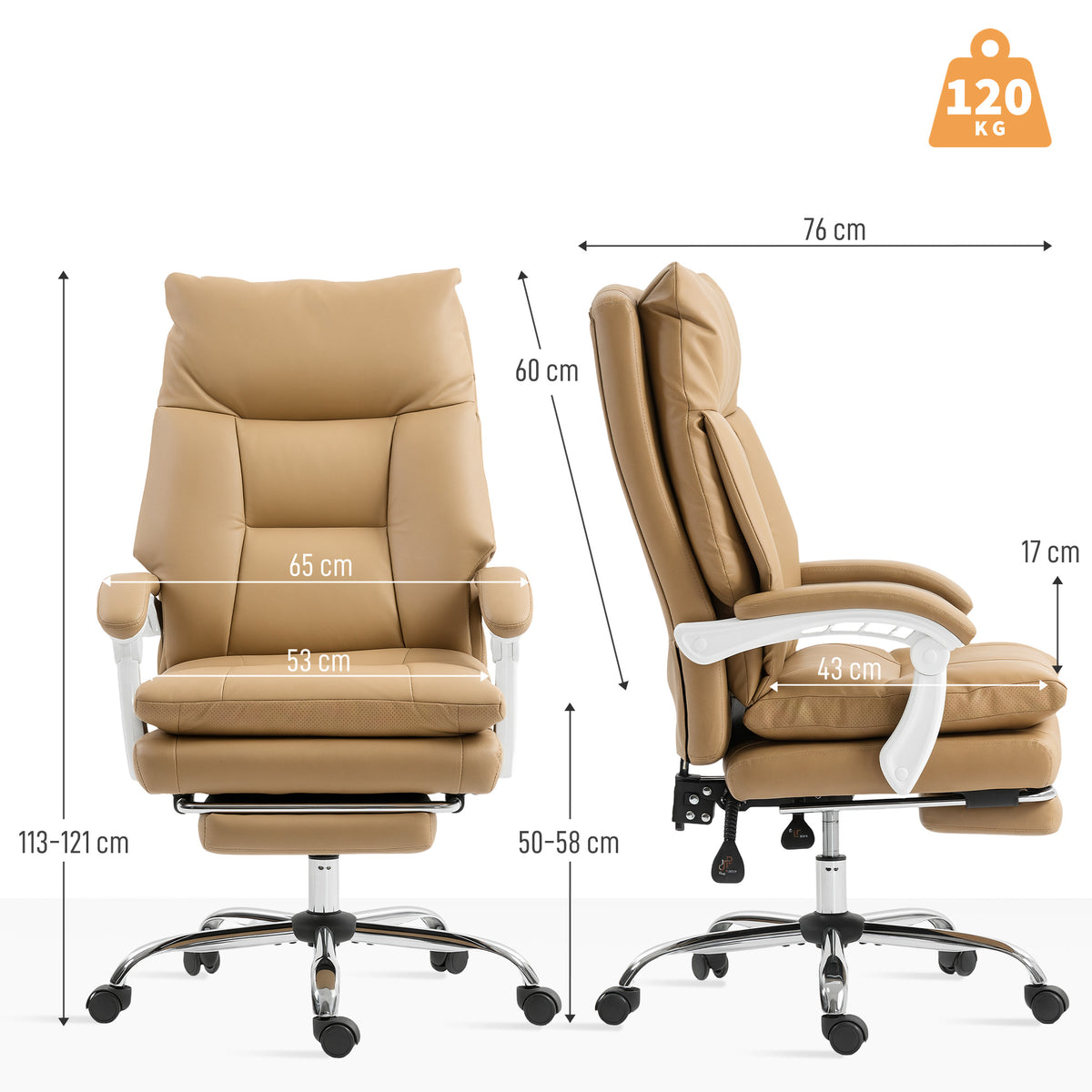 HOMCOM Bürostuhl Ergonomischer Schreibtischstuhl mit Lendenwirbelstütze, Klappbar Armlehne, Fußstütze Hellbraun
