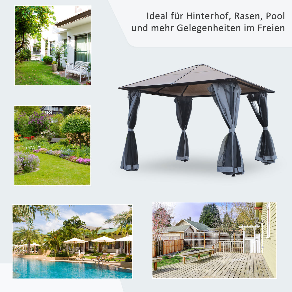 Outsunny Pavillon mit Polycarbonatdach, Vorhänge mit Fliegennetz, Alugestell, dunkelgrau, 3 x 3 m