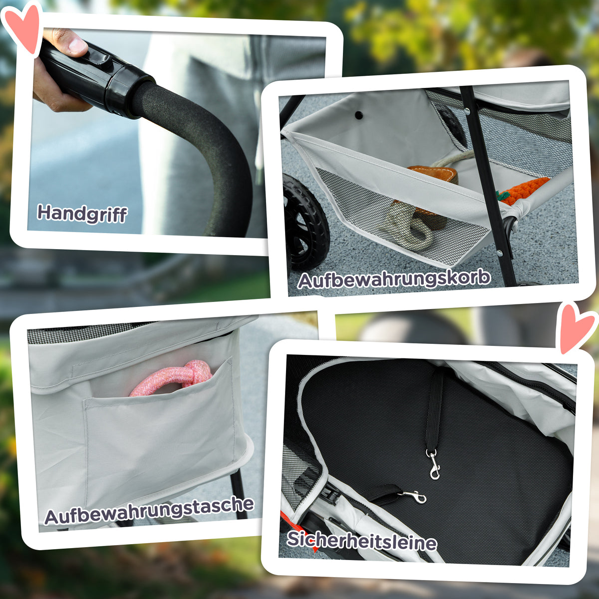 PawHut 3-in-1-Haustierkinderwagen, zusammenklappbarer Hundewagen mit 4 Rädern und abnehmbarer Trage für Hunde und Katzen, Grau
