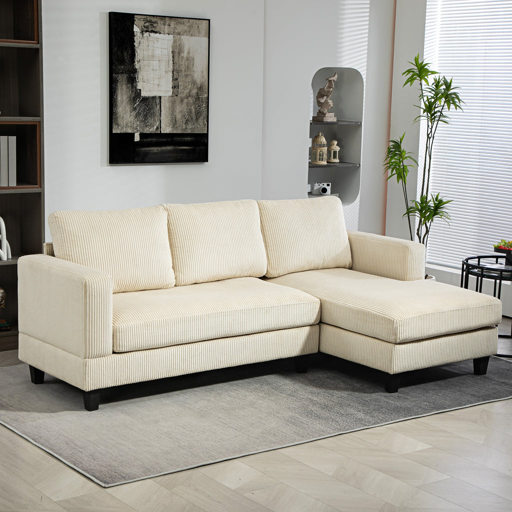 HOMCOM Ecksofa aus Rippvelours, 3-Sitzer Sofa mit Ottomane und dick gepolstertem Federkissen, Breite 214 cm, Beige