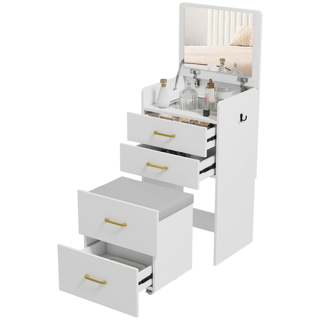 HOMCOM 3-in-1-Schminktisch mit Spiegel, Nachttisch, Rollhocker, Schubladen, Weiß