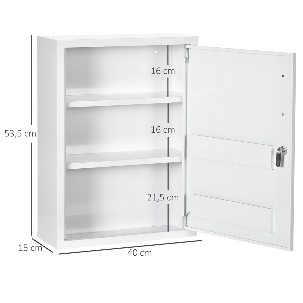 kleankin Medizinschrank 2 Regale 3 Ebenen mit abschließbarer Tür 2 Schlüssel 40 x 15 x 53,5 cm Weiß
