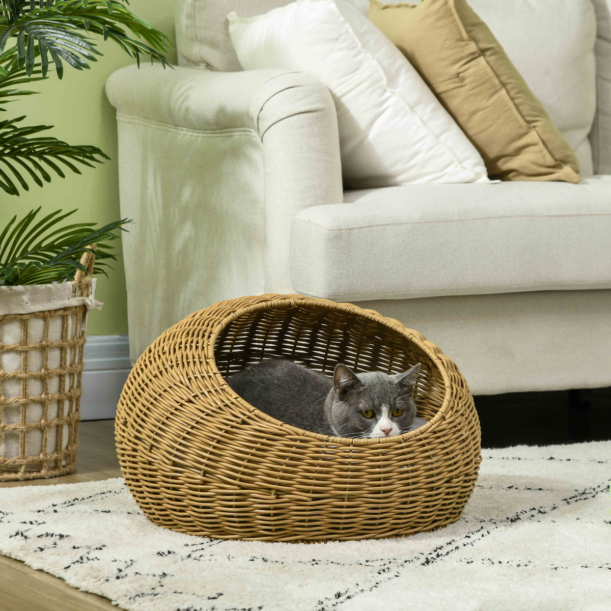 PawHut Katzenhöhle mit waschbarem Kissen, für Tiere bis 4 kg, Indoor, Kunst-Rattan, Ø50 x 31 cm, Hellbraun