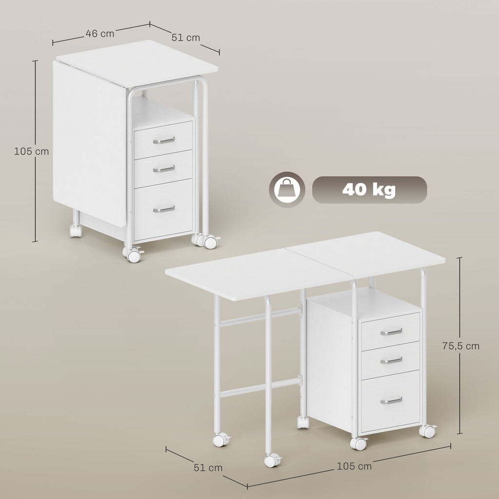 HOMCOM Klappbarer Computertisch mit Rollen, Schreibtisch mit Stauraum, 3 Schubladen, erweiterbare Plattform, 105x51x75,5 cm, Weiß