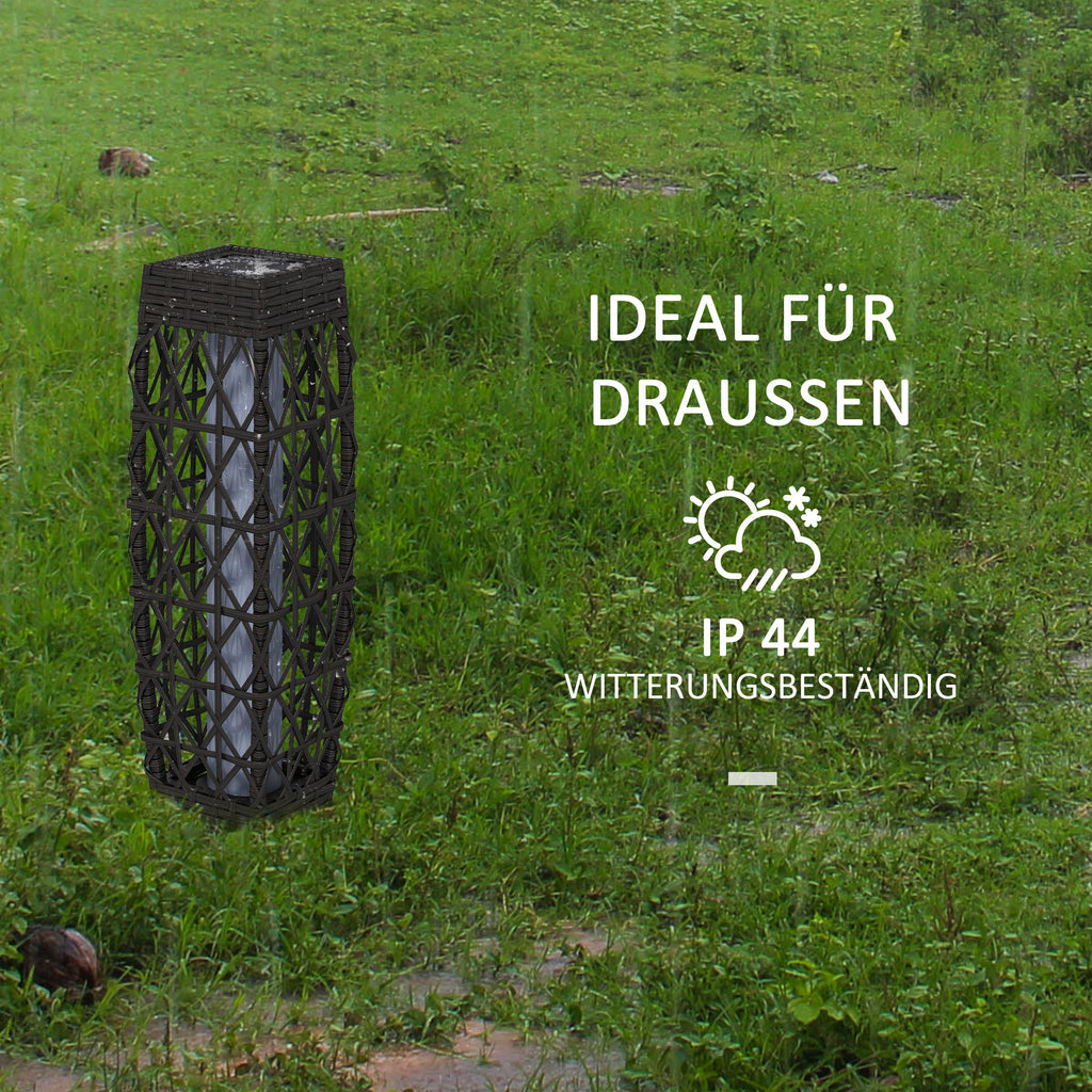 Outsunny Rattan Außenleuchte, Solar Gartenlampe, Einschaltautomatik, LED, wetterfest, Metallrahmen, 20 x 20 x 68cm, Grau