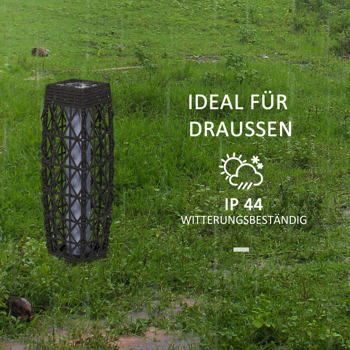 Outsunny Rattan Außenleuchte, Solar Gartenlampe, Einschaltautomatik, LED, wetterfest, Metallrahmen, 20 x 20 x 68cm, Grau