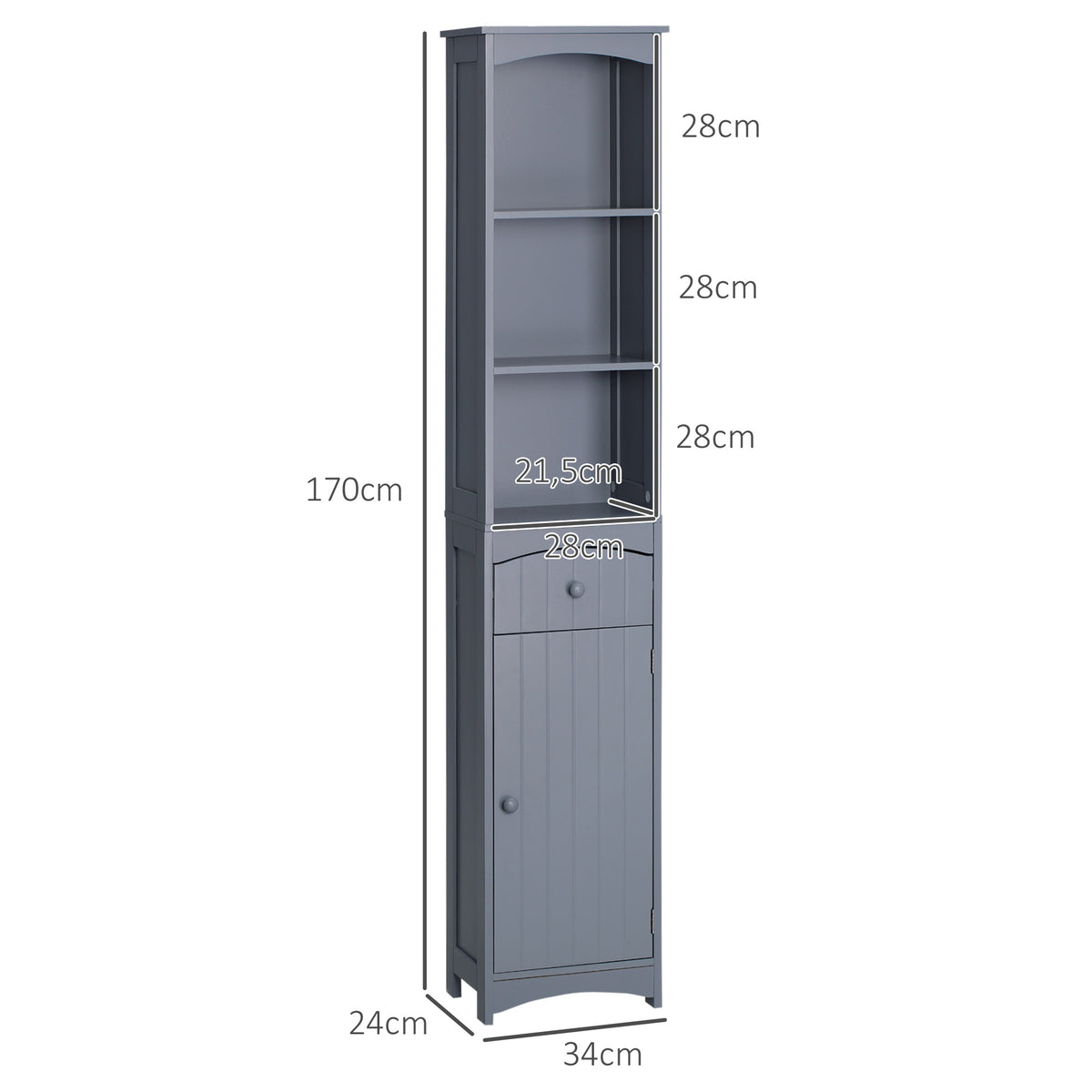HOMCOM Hochschrank für Badezimmer mit 1 Schublade und 3 offenen Regalen Moderner Stil 34x24x170 cm Grau