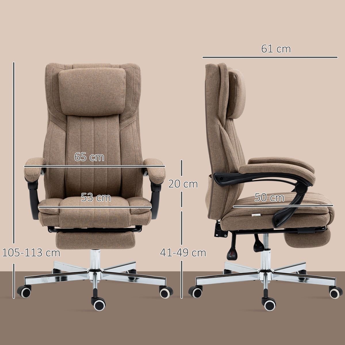 Vinsetto Bürostuhl mit Massagefunktion, neigbare Rücklehne, ausziehbare Fußstütze, Leinenoptik, 65 x 61 x 113 cm, Braun
