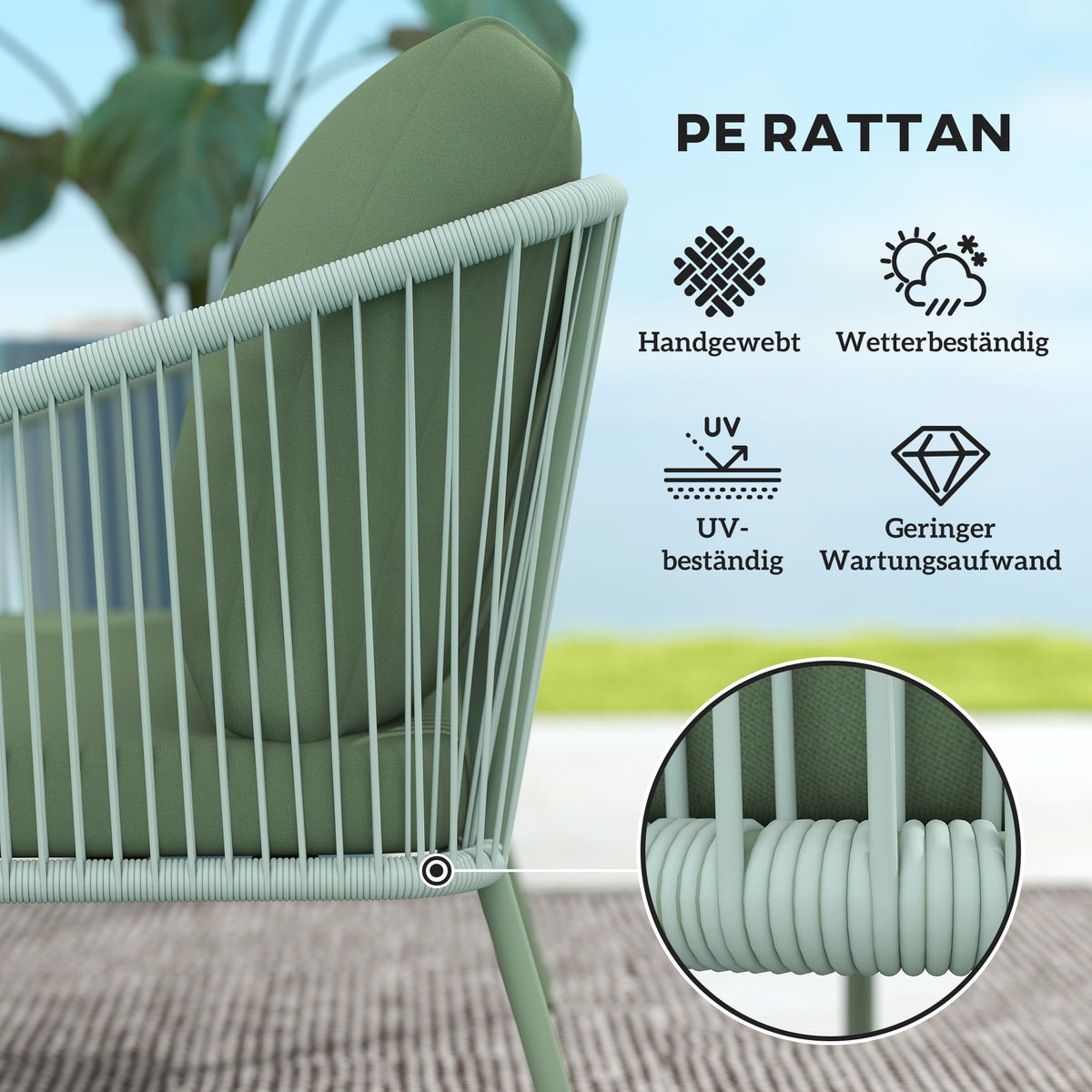 Outsunny Gartensofa mit Kissen 2-Sitzer Rattan Sofa Lounge Sofa Outdoor Balkon Sofa 112 x 72 x 76 cm Grün