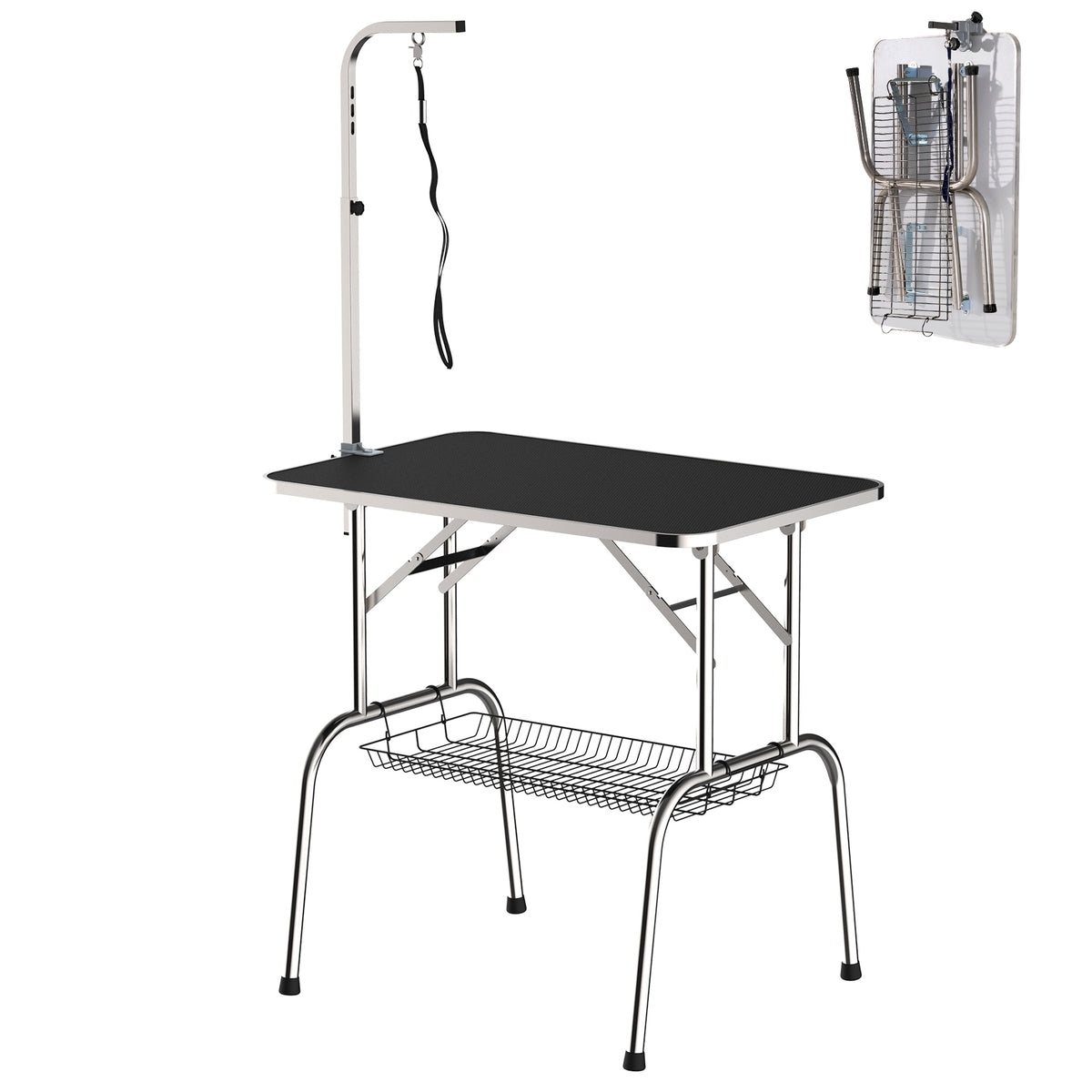PawHut Trimmtisch Tierpflegetisch Schertisch mit Korb Hundepflegetisch klappbar Hundefriseurtisch Hunde Badetisch höhenverstellbar Edelstahl Schwarz